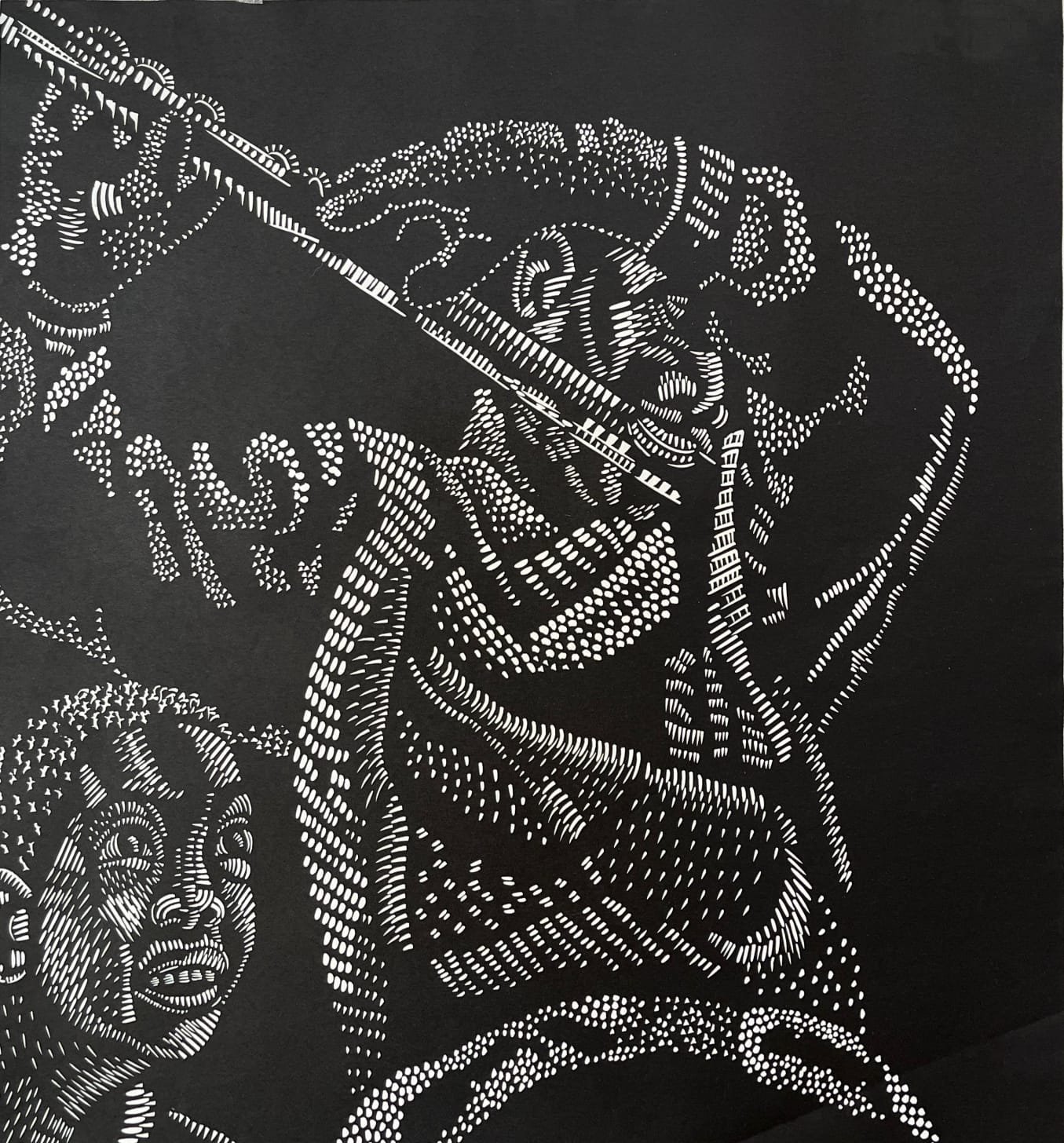 Black-and-white composition of closely arranged figures and long diagonal forms.