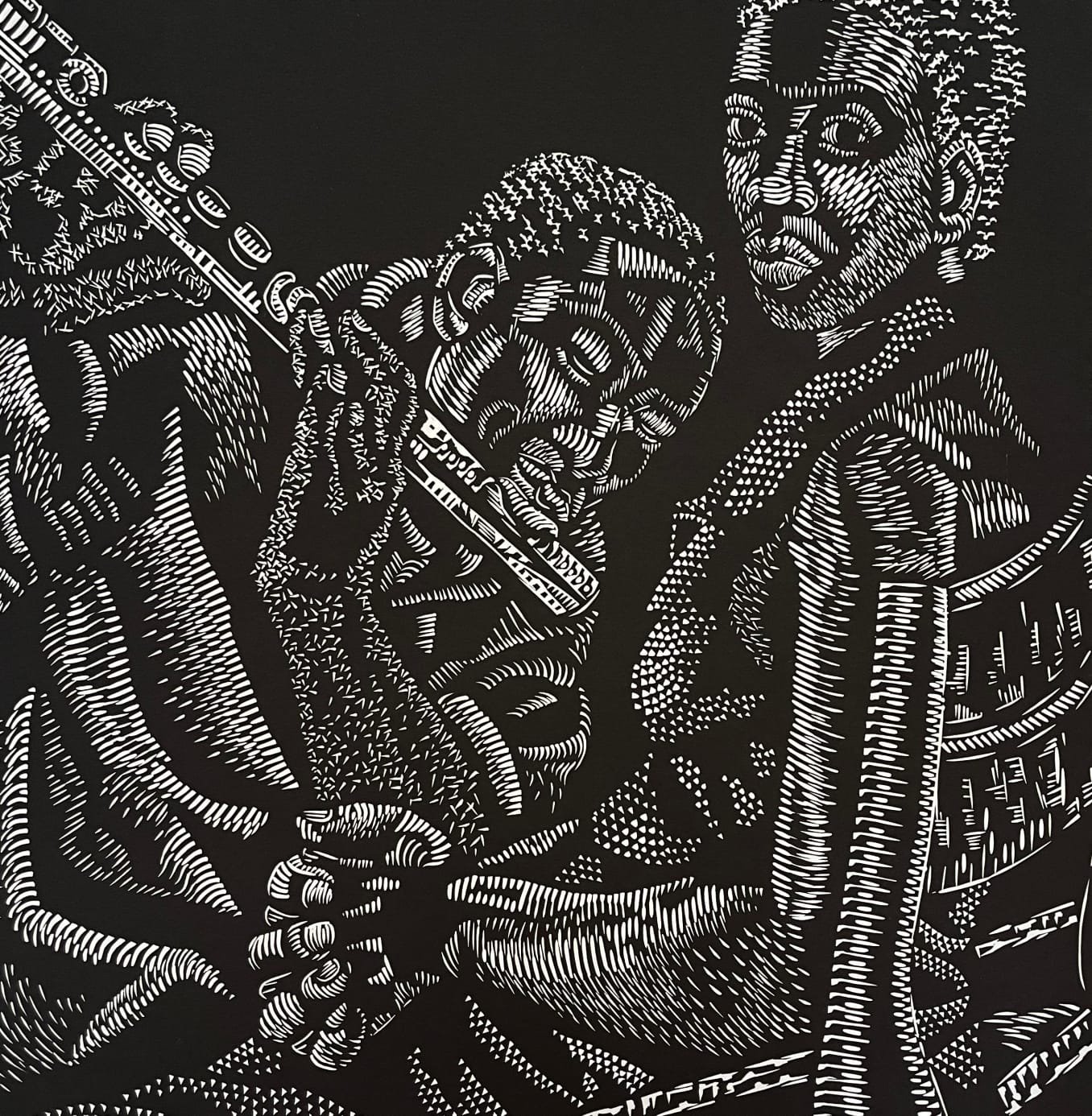 Black-and-white composition of three overlapping figures with intricate carved marks.