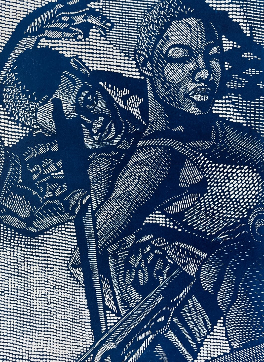 Blue-and-white composition of overlapping figures and patterned backgrounds.