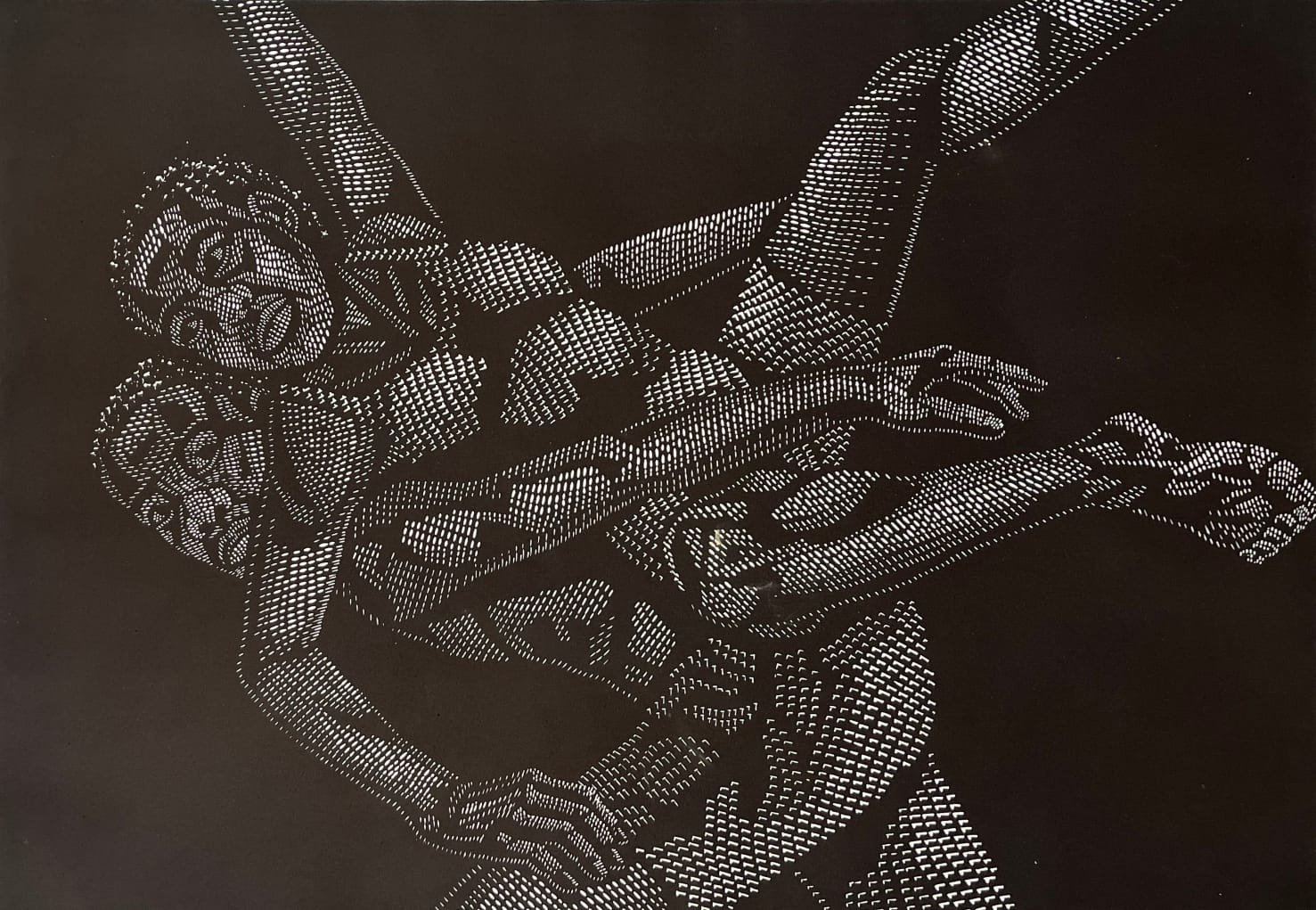 Wide black-and-white composition of overlapping figures with outstretched arms.